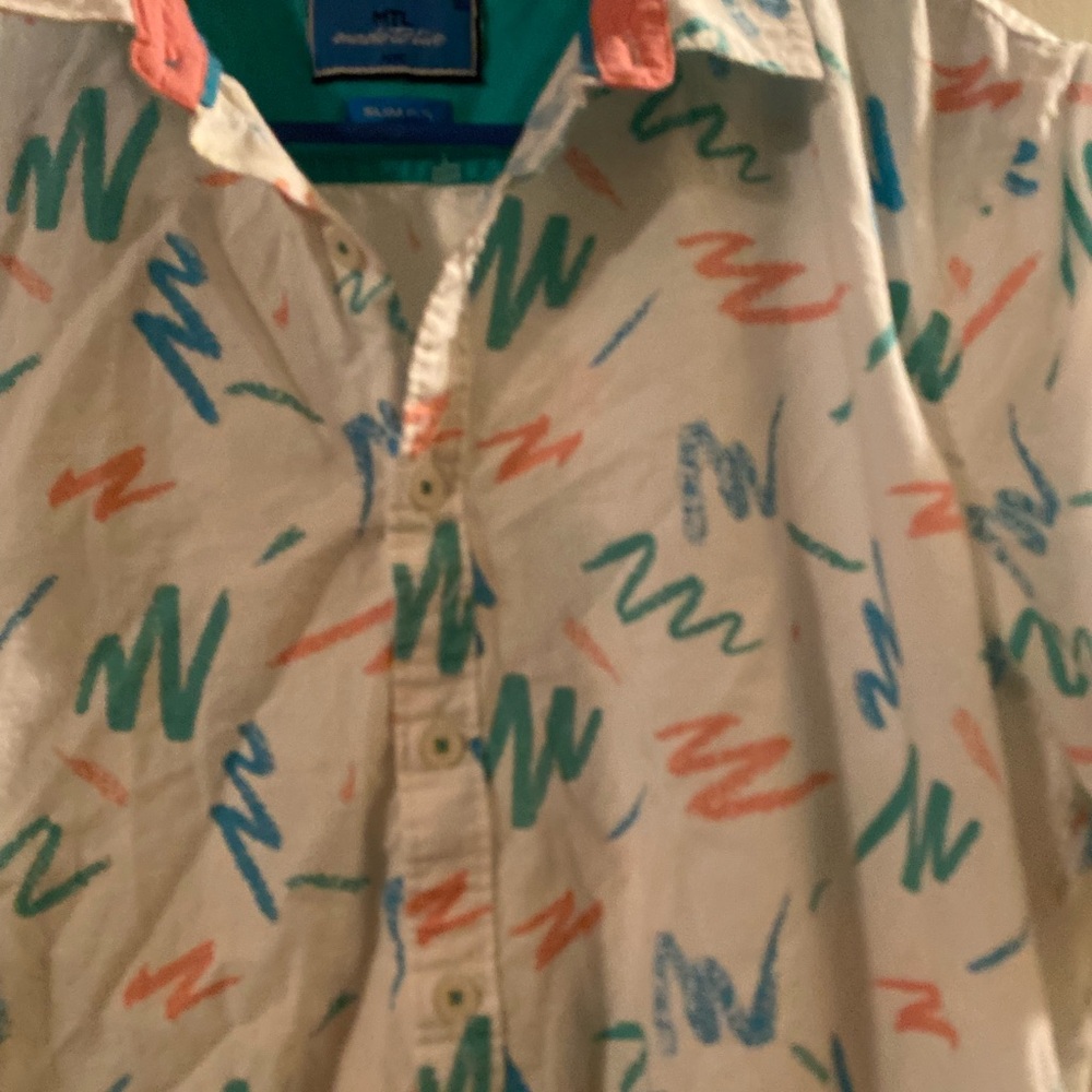 MT White Short-Sleeve Button-Down Shirt with Teal Blue and Coral Scribble Print - Picture 4 of 5